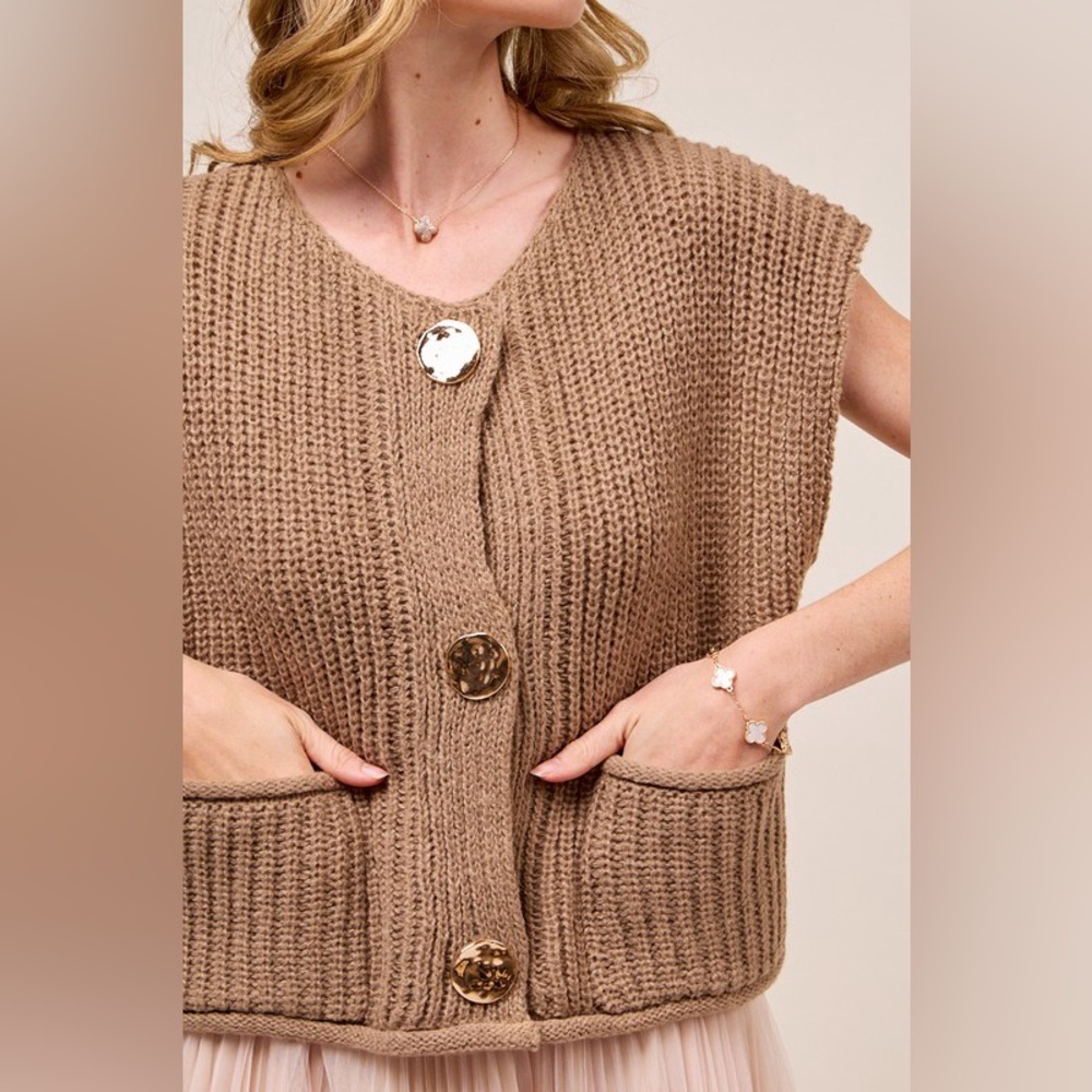 #64 Coffee Gold Button Sweater Vest-LAST ONE - Picture 4 of 6